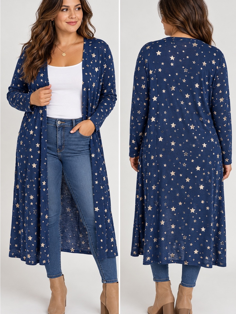 Rouge Collection Blue & Gold Star Print Long Duster Cardigan Plus Size 2X